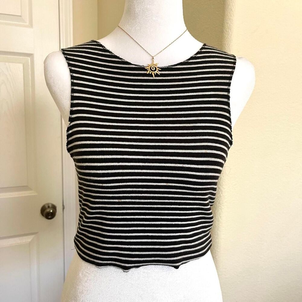 Zara Trafaluc black & white striped cotton crop tank top -  Small
